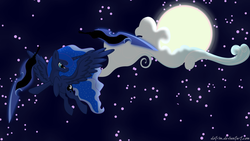 Size: 1920x1080 | Tagged: safe, artist:dotrim, princess luna, pony, g4, cloud, female, flying, moon, night, solo, wallpaper