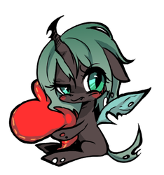 Size: 468x500 | Tagged: dead source, safe, artist:littlepinkamena, artist:shanshantmblr, artist:youngpinkamena, queen chrysalis, nymph, g4, blushing, cute, cutealis, female, frown, heart, hug, looking back, plushie, raised eyebrow, sitting, younger