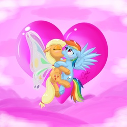 Size: 2000x2000 | Tagged: safe, artist:osakaoji, applejack, rainbow dash, earth pony, pegasus, pony, g4, blushing, butt, butterfly wings, duo, eyes closed, female, gossamer wings, heart, kiss on the lips, kissing, lesbian, looking pleasured, mare, plot, ship:appledash, shipping