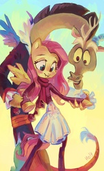 Size: 2095x3448 | Tagged: safe, artist:holivi, discord, fluttershy, anthro, g4, clothes, cute, female, flattershy, high res, ice skating, male, ship:discoshy, shipping, skirt, straight