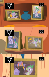 Size: 848x1328 | Tagged: safe, edit, edited screencap, screencap, peewee, spike, twilight sparkle, phoenix, g4, just for sidekicks, egg, food, framed picture, hatchling, ice cream, nest, photo, picture frame, text, tv rating, tv-y, twilight sparkle is not amused, unamused