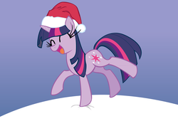 Size: 1980x1399 | Tagged: safe, artist:dualx, artist:leadhooves, twilight sparkle, pony, unicorn, g4, colored, eyes closed, female, hat, santa hat, snow, solo, unicorn twilight