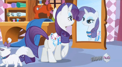 Size: 851x468 | Tagged: safe, screencap, opalescence, rarity, cat, pony, unicorn, g4, just for sidekicks, butt, female, lidded eyes, mare, mirror, plot, saddle