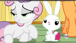 Size: 1920x1080 | Tagged: safe, screencap, angel bunny, sweetie belle, pony, g4, just for sidekicks, lidded eyes, scrunchy face