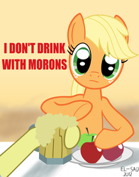 Size: 2980x3800 | Tagged: safe, artist:elsadzonka, applejack, earth pony, pony, g4, cider, do not want, hatless, missing accessory, mug, parody, parody of a parody, propaganda, soviet union, нет