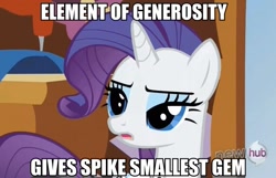 Size: 713x460 | Tagged: safe, rarity, pony, g4, caption, hub logo, image macro, solo