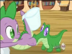 Size: 384x288 | Tagged: safe, screencap, gummy, spike, winona, alligator, dog, dragon, g4, just for sidekicks, my little pony: friendship is magic, bowl, golden oaks library, hub logo, sucking