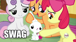 Size: 960x540 | Tagged: safe, angel bunny, apple bloom, scootaloo, sweetie belle, g4, just for sidekicks, image macro, swag