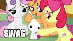 Size: 960x540 | Tagged: safe, angel bunny, apple bloom, scootaloo, sweetie belle, g4, just for sidekicks, my little pony: friendship is magic, image macro, swag