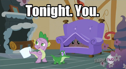 Size: 849x468 | Tagged: safe, edit, edited screencap, screencap, gummy, pinkie pie, spike, alligator, dragon, pony, g4, just for sidekicks, chair, female, male, ship:pinkiespike, shipping, straight, tonight you