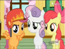 Size: 598x448 | Tagged: safe, screencap, apple bloom, scootaloo, sweetie belle, g4, just for sidekicks, animated, cutie mark crusaders, female, hub logo, looking