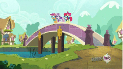 Size: 576x324 | Tagged: safe, screencap, apple bloom, scootaloo, spike, sweetie belle, g4, just for sidekicks, animated, bridge, cutie mark crusaders, goggles, hub logo, kidnapped