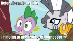 Size: 834x467 | Tagged: safe, screencap, spike, zecora, dragon, zebra, g4, just for sidekicks, caption, female, implied foalcon, innuendo, male, out of context