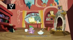 Size: 851x468 | Tagged: safe, screencap, owlowiscious, spike, g4, just for sidekicks, youtube caption