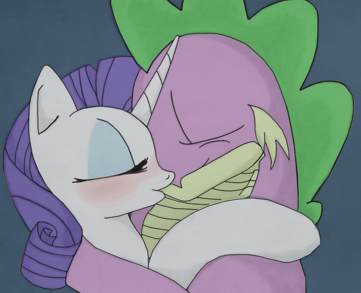 artist:sabellion, rarity, spike, dragon, blushing, female, kissing, love, m...