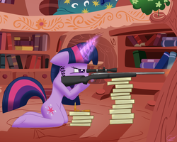 Size: 2500x2000 | Tagged: safe, artist:bloodwolvenl, twilight sparkle, pony, unicorn, g4, anatomically incorrect, book, cutie mark, female, floppy ears, glowing horn, golden oaks library, gun, hooves, horn, incorrect leg anatomy, library, magic, mare, optical sight, remington 700, rifle, sniper rifle, solo, telekinesis, weapon