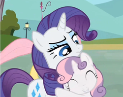 Size: 573x452 | Tagged: safe, screencap, rarity, sweetie belle, g4, just for sidekicks, hug, scrunchy face