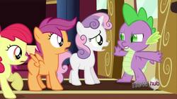 Size: 1280x720 | Tagged: safe, screencap, apple bloom, scootaloo, spike, sweetie belle, g4, just for sidekicks