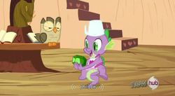 Size: 850x467 | Tagged: safe, screencap, owlowiscious, spike, g4, just for sidekicks, youtube caption