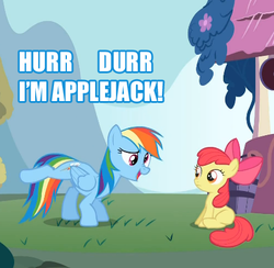 Size: 443x432 | Tagged: safe, apple bloom, rainbow dash, g4, blue text, image macro, mocking, quizzaciously