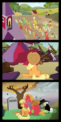Size: 650x1300 | Tagged: safe, edit, edited screencap, screencap, apple bloom, applejack, babs seed, big macintosh, braeburn, granny smith, earth pony, pony, apple family reunion, applejack's hat, comic, cowboy hat, crying, crying on the outside, female, filly, grave meme, hat, hatless, how babs died, male, mare, missing accessory, stallion, tree