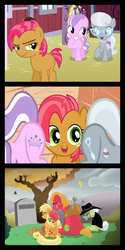 Size: 650x1300 | Tagged: safe, edit, edited screencap, screencap, apple bloom, applejack, babs seed, diamond tiara, granny smith, silver spoon, earth pony, pony, g4, one bad apple, comic, crying, crying on the outside, female, filly, gravestone, how babs died, implied death, mare, meme
