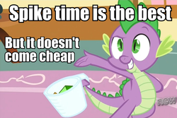 Size: 807x538 | Tagged: safe, spike, g4, just for sidekicks, image macro, measuring cup, spike time