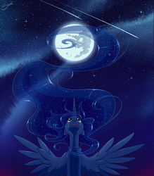 Size: 789x900 | Tagged: safe, artist:secret-pony, princess luna, pony, g4, crying, female, mare in the moon, moon, shooting star, solo, space, spread wings