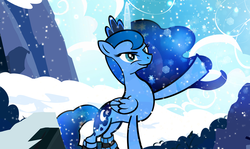 Size: 1000x594 | Tagged: safe, artist:pixelkitties, princess luna, alicorn, pony, g4, boots, clothes, cloud, female, mare, mountain, raised hoof, shoes, snow, snowfall, solo, winter, winter storm luna