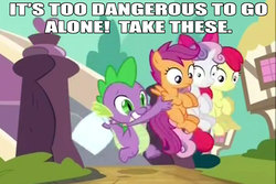 Size: 800x535 | Tagged: safe, apple bloom, scootaloo, spike, sweetie belle, g4, cutie mark crusaders, image macro
