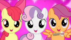 Size: 1440x809 | Tagged: safe, screencap, apple bloom, scootaloo, sweetie belle, earth pony, pegasus, pony, unicorn, g4, just for sidekicks, cute, cutie mark crusaders, excited, trio