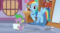 Size: 848x466 | Tagged: safe, screencap, rainbow dash, spike, g4, just for sidekicks, youtube caption