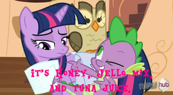 Size: 1230x674 | Tagged: safe, edit, edited screencap, screencap, spike, bird, dragon, owl, pony, unicorn, g4, just for sidekicks, artificial mare juice, female, male, mare, why