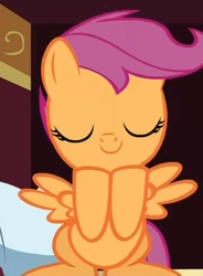 Size: 401x546 | Tagged: safe, screencap, scootaloo, pegasus, pony, g4, just for sidekicks, cute, cutealoo, eyes closed, female, filly, foal, happy, sitting, solo, spread wings, wings