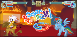 Size: 1154x556 | Tagged: safe, artist:nyerpy, gilda, rainbow dash, griffon, pony, g4, ax brutaloo, bipedal, blood, cut, female, fight, mare, parody, street fighter, video game