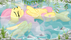 Size: 2844x1600 | Tagged: dead source, safe, artist:illuminatiums, fluttershy, pegasus, pony, g4, bath, bathing, belly button, blushing, eyes closed, female, grass, hot springs, mare, on back, open mouth, outdoors, rock, solo, stupid sexy fluttershy, water, wet