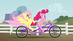 Size: 1024x576 | Tagged: safe, artist:rtryart, fluttershy, pinkie pie, earth pony, pegasus, pony, g4, bicycle, duo, duo female, female, mare, spread wings, tandem, wings