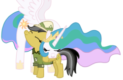 Size: 1103x724 | Tagged: safe, daring do, princess celestia, alicorn, pegasus, pony, g4, eyes closed, female, hug, mare, simple background, transparent background