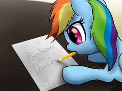 Size: 800x600 | Tagged: safe, artist:dawnmistpony, rainbow dash, pony, fanfic:my little dashie, g4, female, filly, filly rainbow dash, misspelling, mouth hold, pencil, solo, writing, younger
