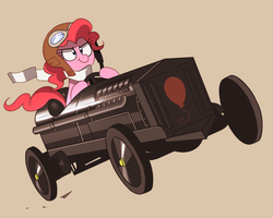 Size: 1280x1024 | Tagged: safe, artist:karzahnii, pinkie pie, earth pony, pony, g4, aviator hat, beige background, car, clothes, driving, female, goggles, goggles on head, hat, mare, racecar, scarf, simple background, solo, the brutus (car), white scarf