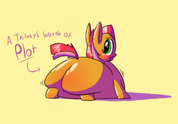 Size: 1280x893 | Tagged: safe, artist:secretgoombaman12345, babs seed, pony, g4, askfatbabsseed, blob seed, blushing, butt, fat, impossibly large butt, morbidly obese, obese, plot, solo