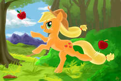 Size: 1500x1000 | Tagged: safe, artist:ephemeraleternity93, applejack, g4, apple, mountain, obligatory apple, tree