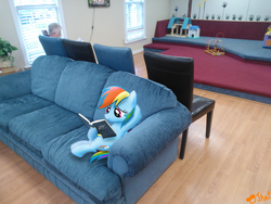 Size: 3264x2448 | Tagged: safe, artist:ojhat, rainbow dash, human, pegasus, pony, fallout equestria, g4, book, chair, couch, female, ponies in real life, reading, television, vector, waiting room