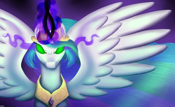 Size: 1600x979 | Tagged: safe, artist:shrineheart, princess celestia, pony, g4, dark magic, female, jewelry, peytral, solo, sombra eyes, spread wings, tiara, wings