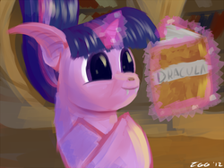 Size: 1280x960 | Tagged: safe, artist:tggeko, twilight sparkle, bat, g4, book, cute, dracula, fangs, golden oaks library, magic, reading, smiling, species swap, telekinesis