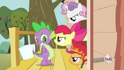 Size: 1280x720 | Tagged: safe, screencap, apple bloom, scootaloo, spike, sweetie belle, g4, just for sidekicks