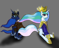 Size: 1980x1620 | Tagged: safe, artist:aaronmk, princess celestia, princess luna, alicorn, pony, g4, clothes, crown, duo, female, gray background, jewelry, pickelhaube, regalia, royal sisters, siblings, simple background, sisters, uniform