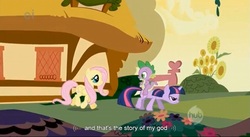 Size: 1597x873 | Tagged: safe, screencap, fluttershy, spike, twilight sparkle, dragon, pegasus, pony, unicorn, g4, dragons riding ponies, eye contact, female, frown, glare, god, grumpy, hub logo, hubble, looking at each other, male, mare, open mouth, riding, smiling, text, the hub, trotting, unamused, unicorn twilight, walking, youtube caption, youtube link