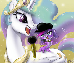 Size: 1000x857 | Tagged: safe, artist:johnjoseco, princess celestia, alicorn, dog, pony, g4, beret, crossover, crown, duo, duo female, female, hat, jewelry, littlest pet shop, looking at each other, looking at someone, mare, microphone, nicole oliver, open mouth, open smile, regalia, signature, singing, smiling, voice actor joke, zoe trent