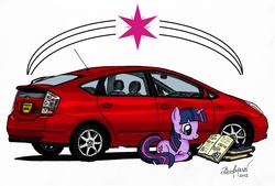 Size: 3360x2272 | Tagged: safe, artist:berlioz-ii, twilight sparkle, pony, unicorn, g4, book, car, ponyloaf, reading, toyota, toyota prius, unicorn twilight